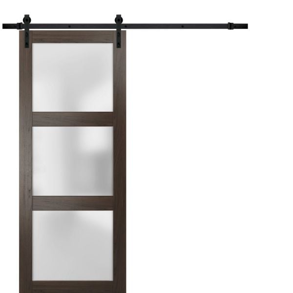 Sturdy Barn Door Frosted Glass | Lucia 2552 Chocolate Ash | 6.6FT Rail Hangers Heavy Hardware Set | Solid Panel Interior Doors