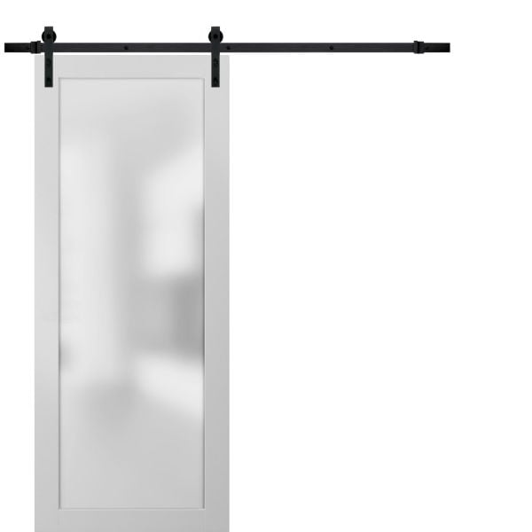 Sturdy Barn Door Frosted Tempered Glass | Planum 2102 White Silk | 6.6FT Black Rail Hangers Heavy Hardware Set | Modern Solid Panel Interior Doors-18" x 80"-Frosted Glass-Black Rail