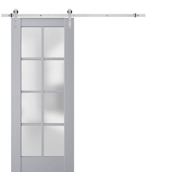 Sturdy Barn Door Frosted Glass | Veregio 7412 Matte Grey | 6.6FT Silver Rail Hangers Heavy Hardware Set | Solid Panel Interior Doors