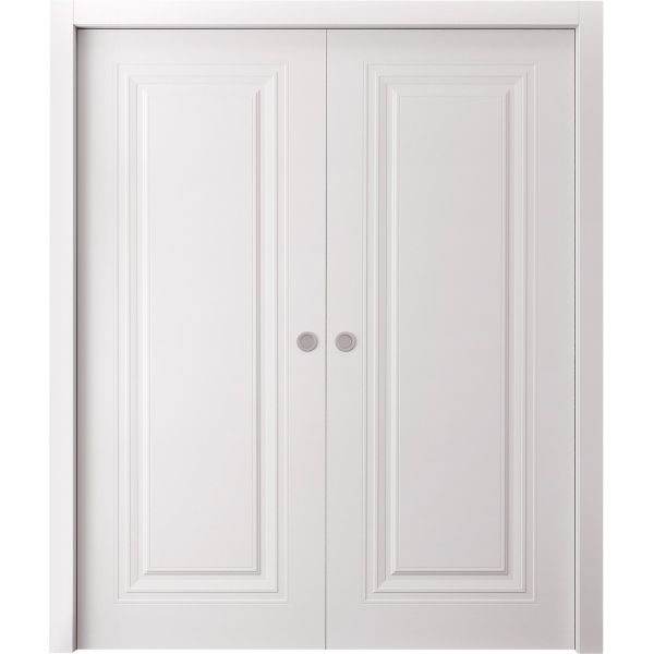 Sliding Double Pocket Doors 36 x 80 inches | BASIC 9111 White | Kit Rail Hardware | Solid Wood Interior Bedroom Doors