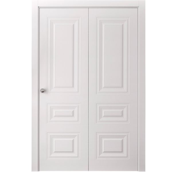 Sliding Closet Bi-fold Doors 36 x 80 inches | BASIC 9233 White | Sturdy Tracks Moldings Trims Hardware Set | Wood Solid Bedroom Wardrobe Doors