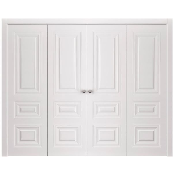 Sliding Closet Double Bi-fold Doors 72 x 80 inches | BASIC 9233 White | Sturdy Tracks Moldings Trims Hardware Set | Wood Solid Bedroom Wardrobe Doors