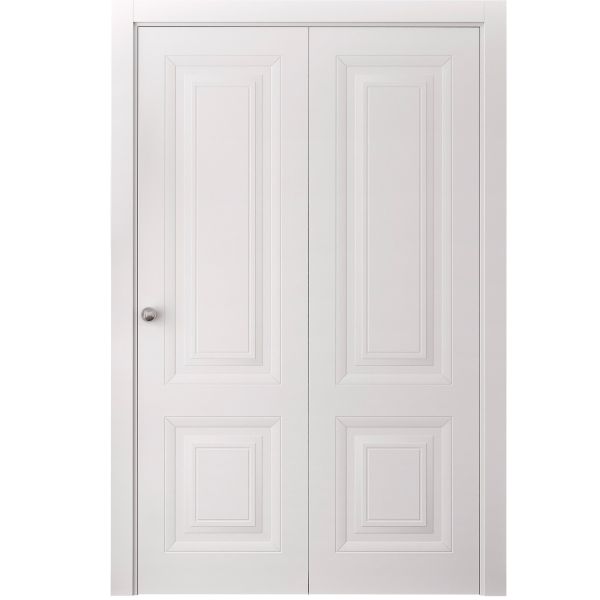 Sliding Closet Bi-fold Doors 36 x 80 inches | BASIC 9422 White | Sturdy Tracks Moldings Trims Hardware Set | Wood Solid Bedroom Wardrobe Doors