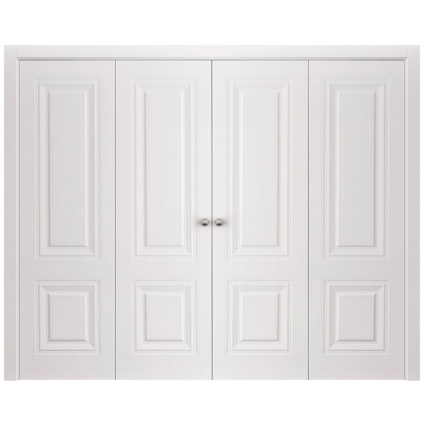 Sliding Closet Double Bi-fold Doors 72 x 80 inches | BASIC 9772 White | Sturdy Tracks Moldings Trims Hardware Set | Wood Solid Bedroom Wardrobe Doors