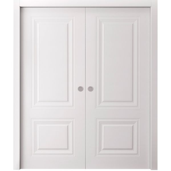 Sliding Double Pocket Doors 36 x 80 inches | BASIC 9772 White | Kit Rail Hardware | Solid Wood Interior Bedroom Doors