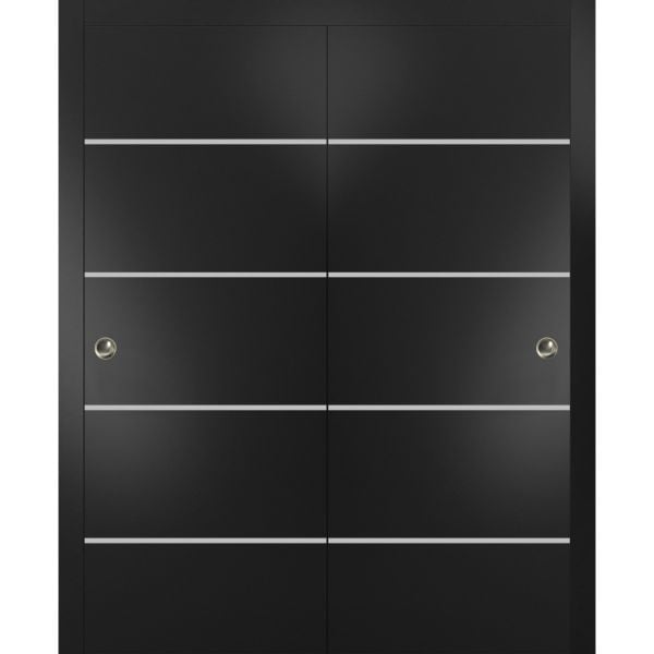 Sliding Closet Bypass Doors with Hardware | Planum 0210 Matte Black | Sturdy Rails Moldings Trims Hardware Set | Modern Wood Solid Bedroom Wardrobe Doors 