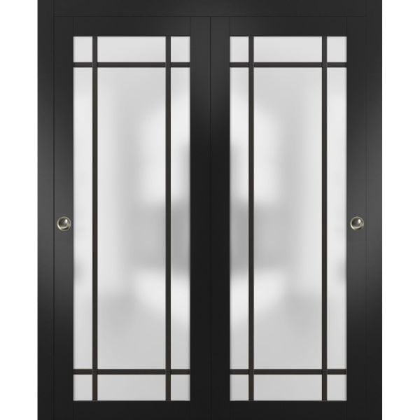 Sliding Closet Bypass Doors with Hardware | Planum 2112 Matte Black with Frosted Glass | Sturdy Rails Moldings Trims Hardware Set | Modern Wood Solid Bedroom Wardrobe Doors 