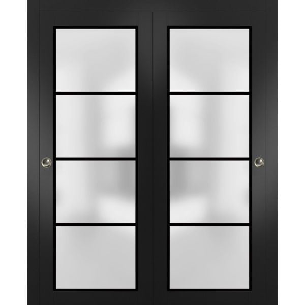 Sliding Closet Bypass Doors with Hardware | Planum 2132 Matte Black with Frosted Glass | Sturdy Rails Moldings Trims Hardware Set | Modern Wood Solid Bedroom Wardrobe Doors 