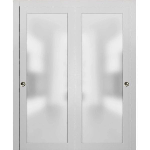 Sliding Closet Bypass Doors with Hardware | Planum 2102 White Silk with Frosted Glass | Sturdy Rails Moldings Trims Hardware Set | Modern Wood Solid Bedroom Wardrobe Doors-36" x 80" (2* 18x80)-Frosted Glass