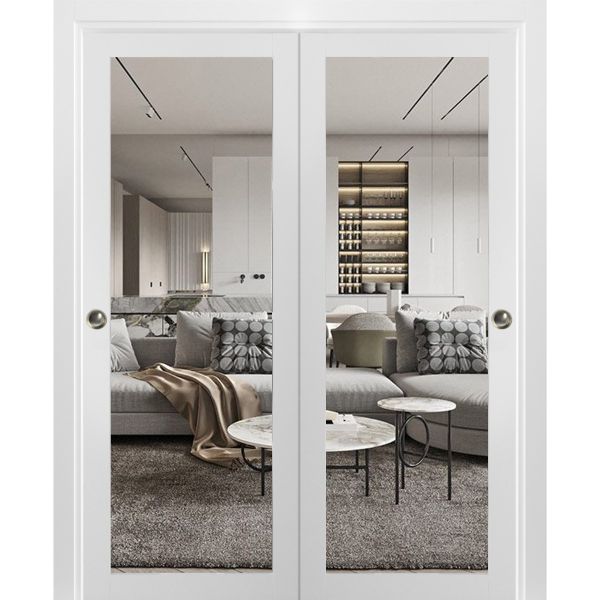Sliding Closet Bypass Doors with | Lucia 2166 White Silk with Clear Glass | Sturdy Rails Moldings Trims Hardware Set | Wood Solid Bedroom Wardrobe Doors