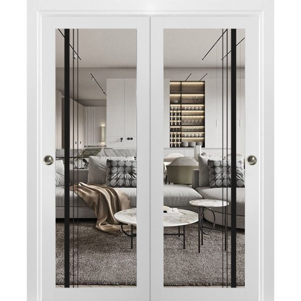 Sliding Closet Bypass Doors with Clear Glass | Lucia 2566 White Silk | Sturdy Rails Moldings Trims Hardware Set | Wood Solid Bedroom Wardrobe Doors-36" x 80" (2* 18x80)-Clear Glass