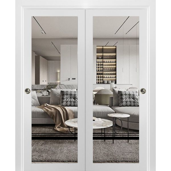 Sliding Closet Bypass Doors with Clear Glass | Lucia 2666 White Silk | Sturdy Rails Moldings Trims Hardware Set | Wood Solid Bedroom Wardrobe Doors-36" x 80" (2* 18x80)-Clear Glass