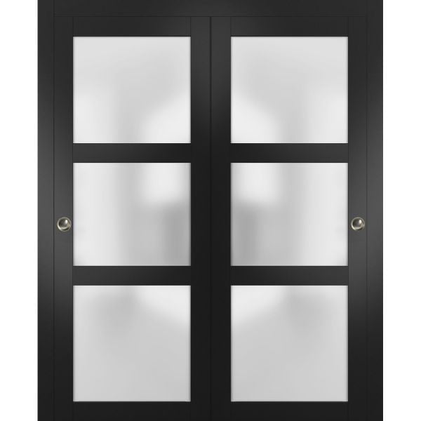 Sliding Closet Bypass Doors with Frosted Glass | Lucia 2552 Black Matte | Sturdy Rails Moldings Trims Hardware Set | Wood Solid Bedroom Wardrobe Doors