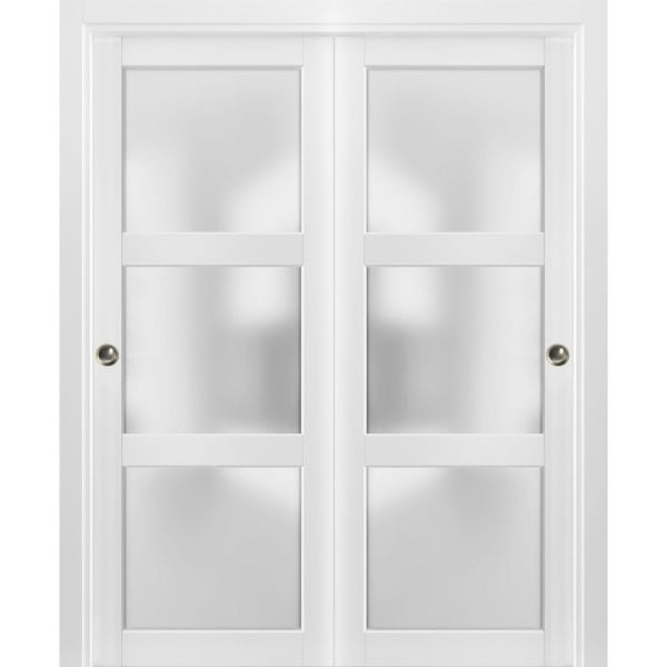 Sliding Closet Bypass Doors with hardware | Lucia 2552 with Frosted Glass | Sturdy Rails Moldings Trims Set | Kitchen Lite Wooden Solid Bedroom Wardrobe Doors