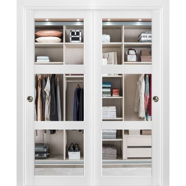 Sliding Closet 3 Lites Bypass Doors Clear Glass | Lucia 2555 White Silk | Sturdy Rails Moldings Trims Hardware Set | Wood Solid Bedroom Wardrobe Doors -36" x 80" (2* 18x80)-Clear Glass