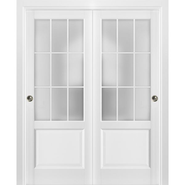 Sliding Closet Bypass Doors | Felicia 3309 White Silk with Frosted Glass | Sturdy Rails Moldings Trims Hardware Set | Wood Solid Bedroom Wardrobe Doors 