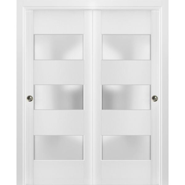 Sliding Closet Frosted Glass 3 Lites Bypass Doors | Lucia 4070 White Silk | Sturdy Rails Moldings Trims Hardware Set | Wood Solid Bedroom Wardrobe Doors 