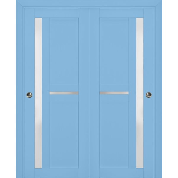 Sliding Closet Bypass Doors with Frosted Glass | Veregio 7288 Aquamarine| Sturdy Rails Moldings Trims Hardware Set | Wood Solid Bedroom Wardrobe Doors 