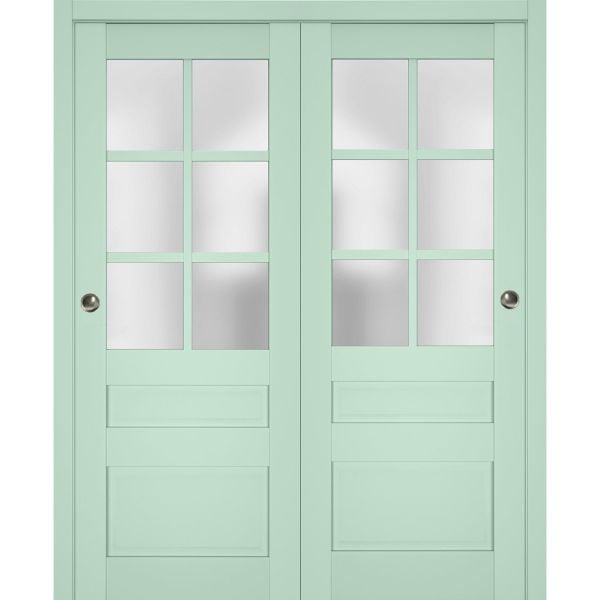 Sliding Closet Bypass Doors with Frosted Glass | Veregio 7339 Oliva| Sturdy Rails Moldings Trims Hardware Set | Wood Solid Bedroom Wardrobe Doors 