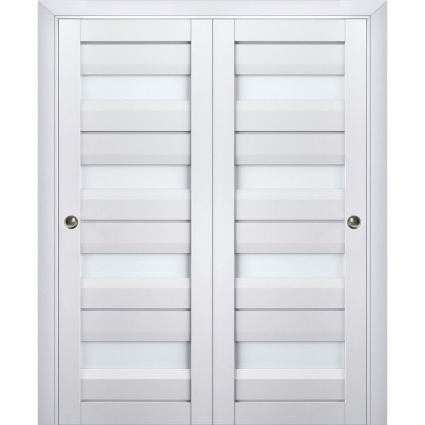 Sliding Closet Bypass Doors | Veregio 7455 White Silk with Frosted Glass | Sturdy Rails Moldings Trims Hardware Set | Wood Solid Bedroom Wardrobe Doors 