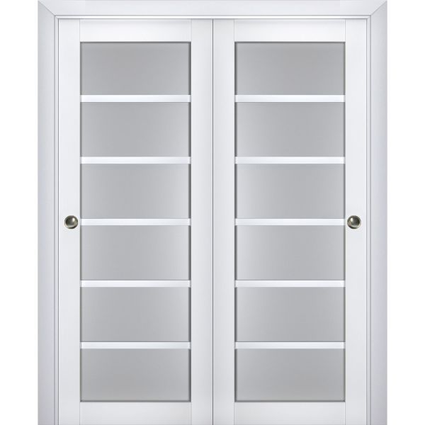 Sliding Closet Bypass Doors | Veregio 7602 White Silk with Frosted Glass | Sturdy Rails Moldings Trims Hardware Set | Wood Solid Bedroom Wardrobe Doors 