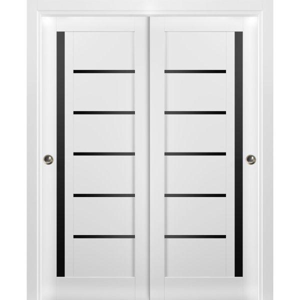 Sliding Closet Bypass Doors | Quadro 4588 White Silk with Black Glass | Sturdy Rails Moldings Trims Hardware Set | Wood Solid Bedroom Wardrobe Doors 