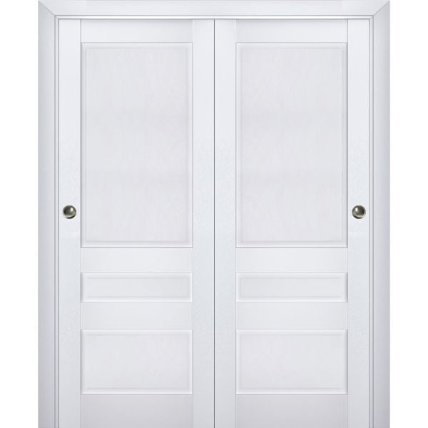 Sliding Closet Bypass Doors | Veregio 7411 White Silk | Sturdy Rails Moldings Trims Hardware Set | Wood Solid Bedroom Wardrobe Doors 