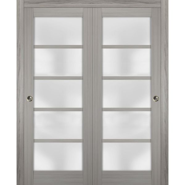 Sliding Closet Frosted Glass Bypass Doors | Quadro 4002 Grey Ash | Sturdy Rails Moldings Trims Hardware Set | Wood Solid Bedroom Wardrobe Doors 