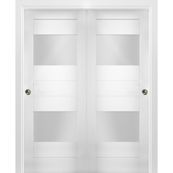 Sliding Closet Opaque Glass 2 Lites Bypass Doors 36 x 80 inches / Sete 6222 White Silk / Rails Hardware Set / Wood Solid Bedroom Wardrobe Doors 