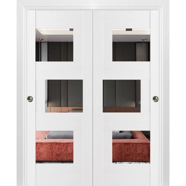 Sliding Closet Opaque Glass Bypass Doors / Sete 6999 White Silk with Mirror / Rails Hardware Set / Wood Solid Bedroom Wardrobe Doors 