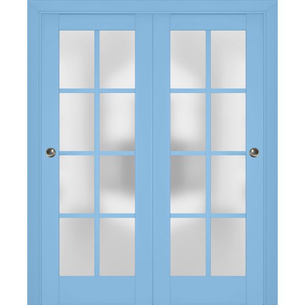 Sliding Closet Bypass Doors | Veregio 7412 Aquamarine with Frosted Glass | Sturdy Rails Moldings Trims Hardware Set | Wood Solid Bedroom Wardrobe Doors 
