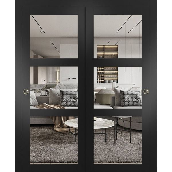 Sliding Closet Bypass Doors | Lucia 2555 Matte Black with Clear Glass | Sturdy Rails Moldings Trims Hardware Set | Wood Solid Bedroom Wardrobe Doors 
