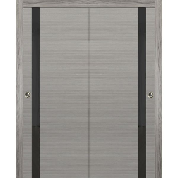 Sliding Closet Bypass Doors 36 x 80 inches | Planum 0040 Grey Ash with Black Glass | Sturdy Rails Moldings Trims Hardware Set | Wood Solid Bedroom Wardrobe Doors 