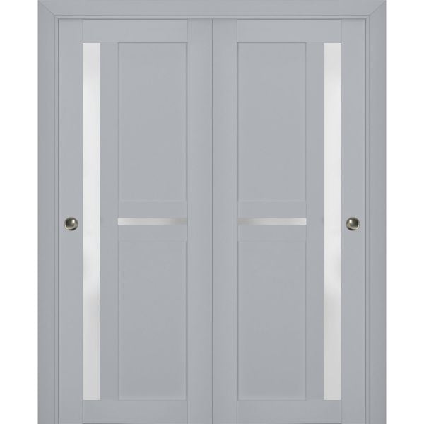 Sliding Closet Bypass Doors | Veregio 7288 Matte Grey with Frosted Glass | Sturdy Rails Moldings Trims Hardware Set | Wood Solid Bedroom Wardrobe Doors 