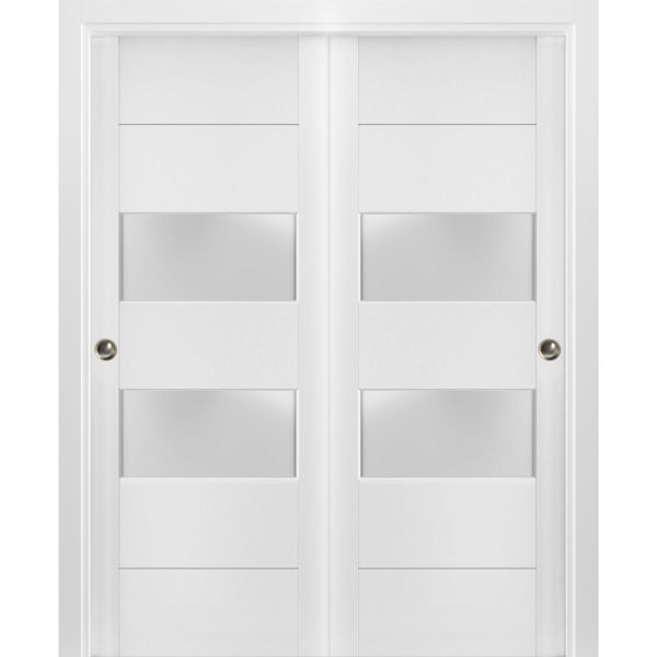 Sliding Closet Frosted Glass 2 lites Bypass Doors | Lucia 4010 White Silk | Sturdy Rails Moldings Trims Hardware Set | Wood Solid Bedroom Wardrobe Doors 