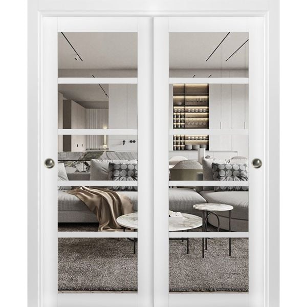 Sliding Closet Bypass Doors | Quadro 4522 White Silk with Clear Glass | Sturdy Rails Moldings Trims Hardware Set | Wood Solid Bedroom Wardrobe Doors 