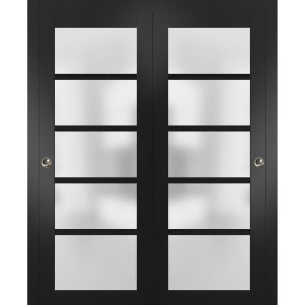 Sliding Closet Frosted Glass Bypass Doors | Quadro 4002 Black Matte | Sturdy Rails Moldings Trims Hardware Set | Wood Solid Bedroom Wardrobe Doors 