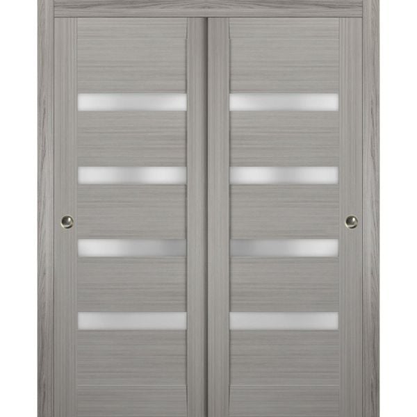 Sliding Closet Bypass Doors | Quadro 4113 Grey Ash with Frosted Glass | Sturdy Rails Moldings Trims Hardware Set | Wood Solid Bedroom Wardrobe Doors 