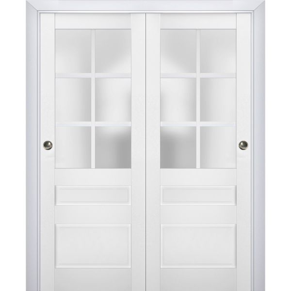 Sliding Closet Bypass Doors | Veregio 7339 White Silk with Frosted Glass | Sturdy Rails Moldings Trims Hardware Set | Wood Solid Bedroom Wardrobe Doors 