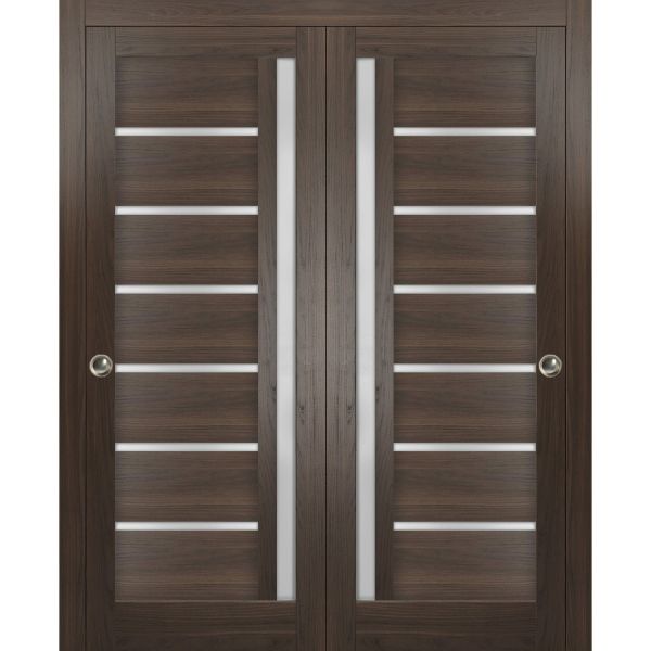 Sliding Closet Bypass Doors with Frosted Glass | Quadro 4088 Chocolate Ash| Sturdy Rails Moldings Trims Hardware Set | Wood Solid Bedroom Wardrobe Doors 