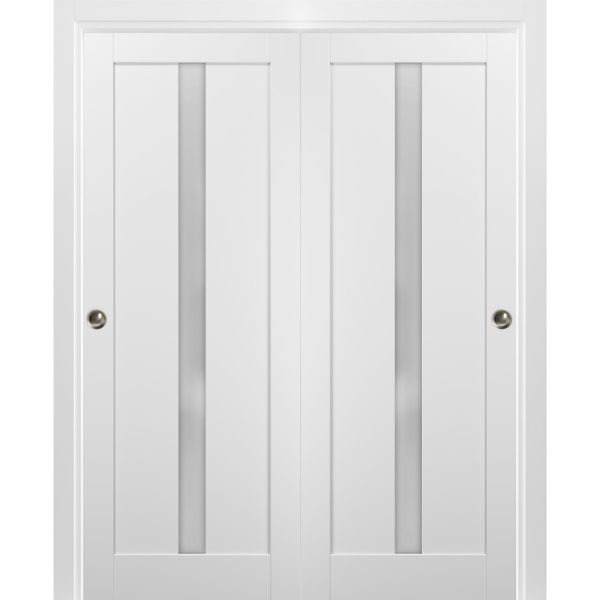 Sliding Closet Bypass Doors 60 x 84 with hardware | Quadro 4112 White Silk with Frosted Opaque Glass | Sturdy Rails Moldings Trims Set | Kitchen Lite Wooden Solid Bedroom Wardrobe Doors 