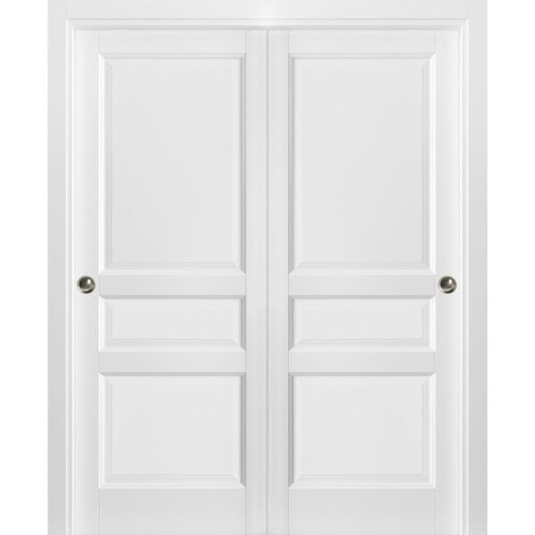 Sliding Closet Bypass Doors with hardware | Lucia 31 White Silk | Sturdy Rails Moldings Trims Hardware Set | Pantry Kitchen 3-Panels Wooden Solid Bedroom Wardrobe Doors