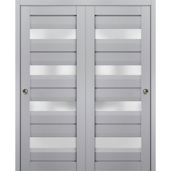 Sliding Closet Bypass Doors | Veregio 7455 Matte Grey with Frosted Glass | Sturdy Rails Moldings Trims Hardware Set | Wood Solid Bedroom Wardrobe Doors 