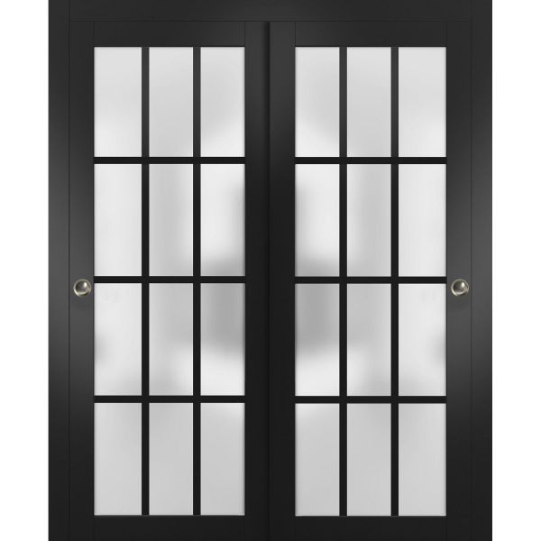 Sliding Closet 12 Lites Bypass Doors Frosted Glass | Felicia 3312 Matte Black | Sturdy Rails Moldings Trims Hardware Set | Wood Solid Bedroom Wardrobe Doors
