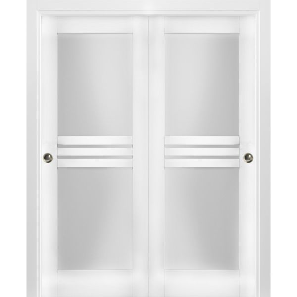 Sliding Closet Opaque Glass 4 Lites Bypass Doors 36 x 80 inches / Mela 7222 White Silk / Rails Hardware Set / Wood Solid Bedroom Wardrobe Doors 