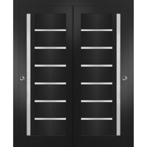 Sliding Closet Bypass Doors 36 x 80 inches | Quadro 4088 Matte Black with Frosted Glass | Sturdy Rails Moldings Trims Hardware Set | Wood Solid Bedroom Wardrobe Doors 