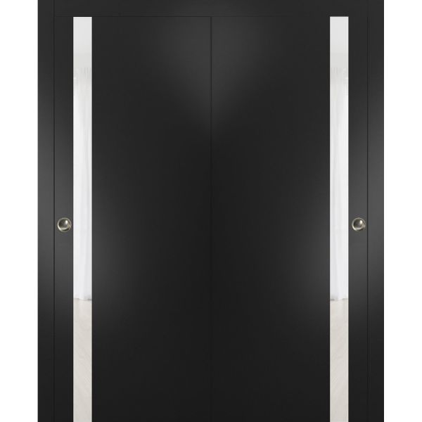 Sliding Closet Bypass Doors | Planum 0440 Matte Black with White Glass | Sturdy Rails Moldings Trims Hardware Set | Wood Solid Bedroom Wardrobe Doors 