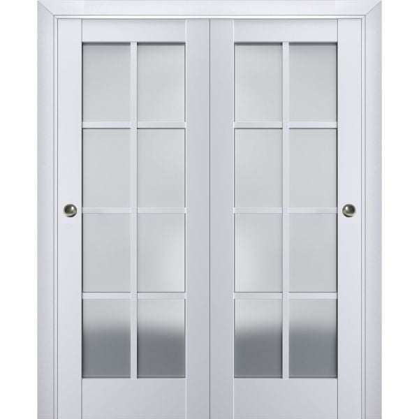 Sliding Closet Bypass Doors | Veregio 7412 White Silk with Frosted Glass | Sturdy Rails Moldings Trims Hardware Set | Wood Solid Bedroom Wardrobe Doors 