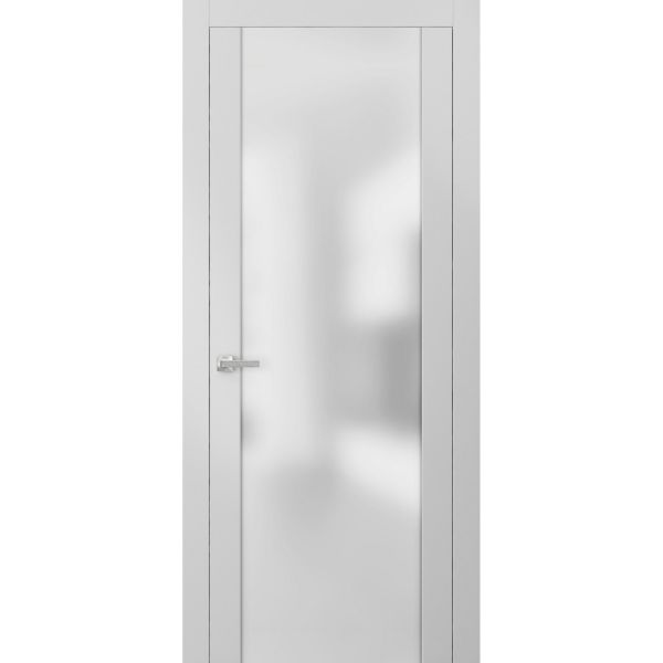 Modern Solid French Door with Handle | Planum 4114 White Silk with Frosted Glass | Single Regural Panel Frame Trims | Bathroom Bedroom Sturdy Doors 
