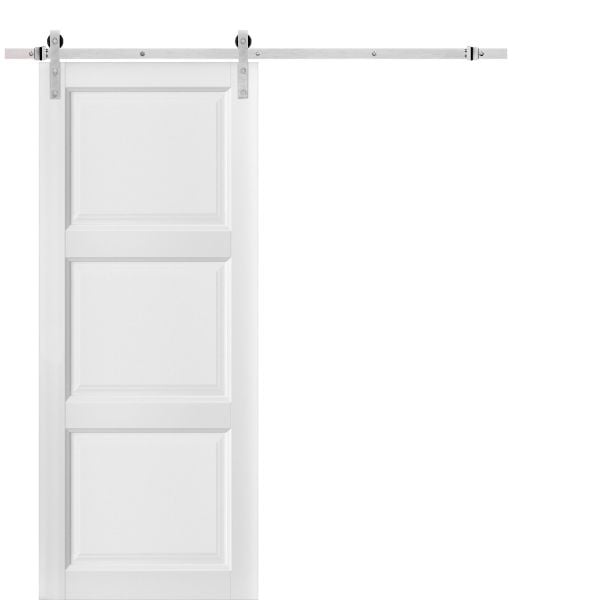 Sliding Barn Door with 6.6ft Hardware | Lucia 2661 White Silk | Rail Hangers Sturdy Silver Set | 3 Paneled Shaker Wooden Solid Panel Interior Doors